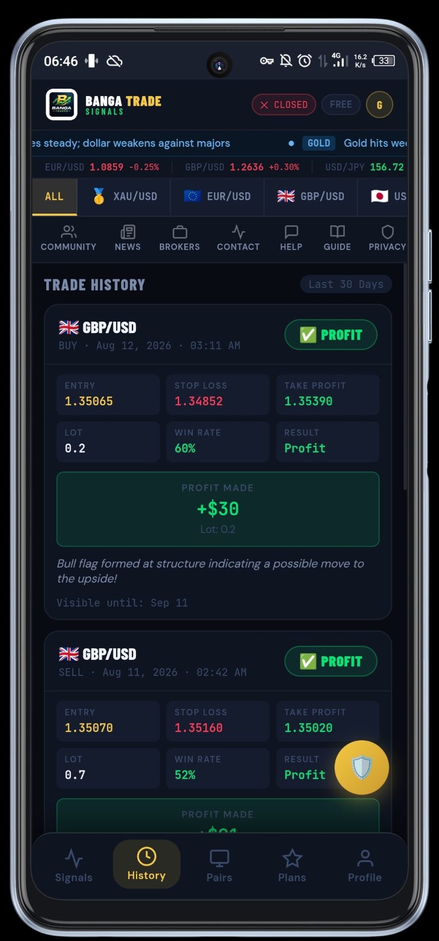Banga Trades history screen