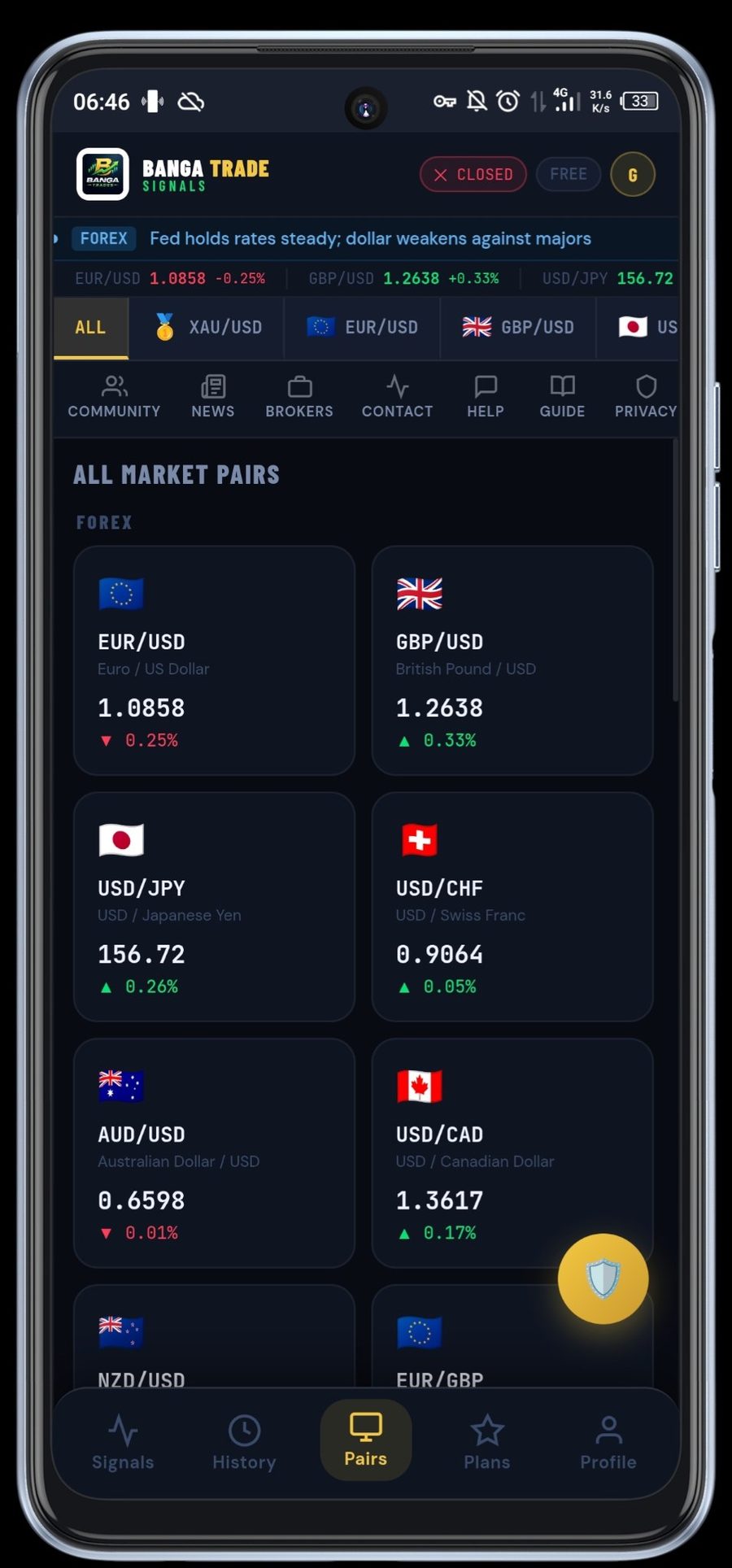 Banga Trades pairs screen